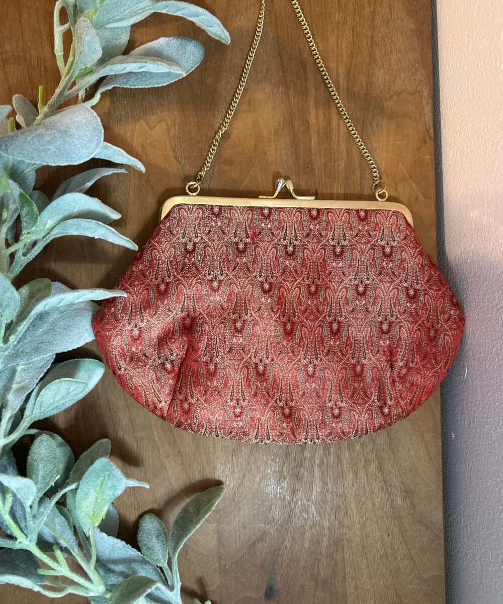 Cottage Purse, Red Paisley Vine, Prairie Style Clutch,100% Silk, Victorian